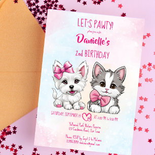 Låt oss pawty rosa söt valp och kattunge födelseda inbjudningar