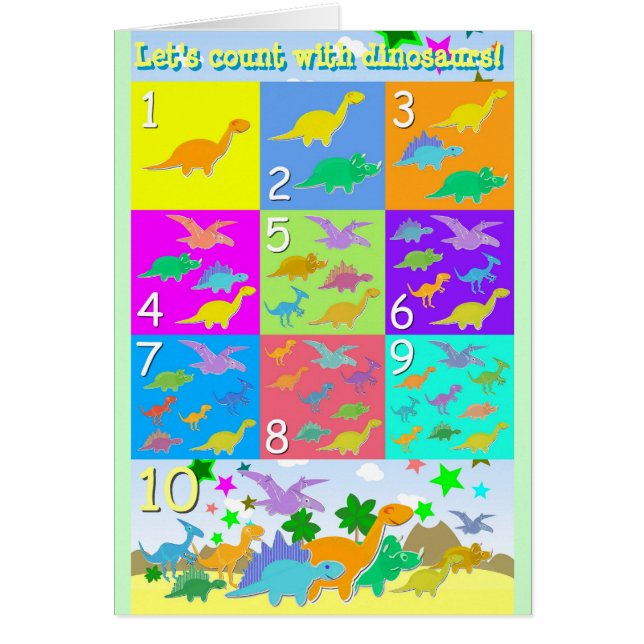 Låt oss räkna med Dinosaurs numrerar 1 - 10 som Hälsningskort (Framsidan)