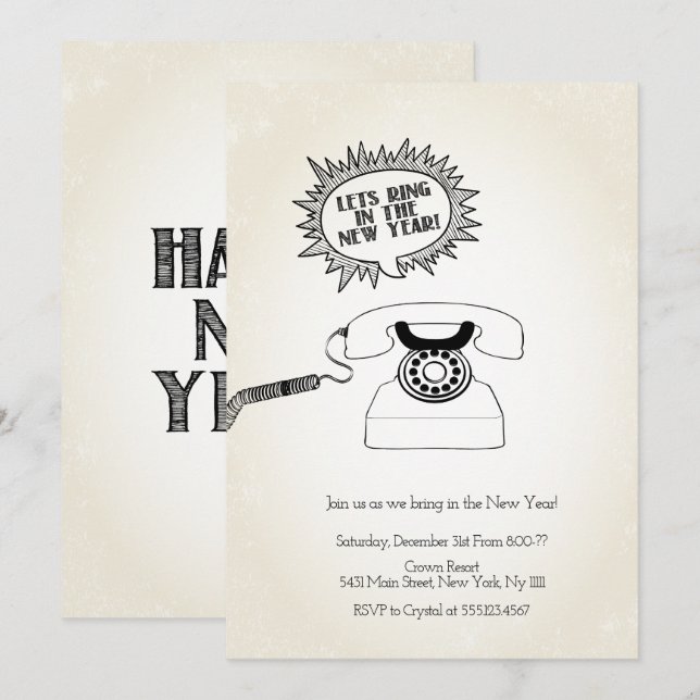 Låt oss Ring i nyår, Retro-inbjudan Inbjudningar (Fram/baksida)