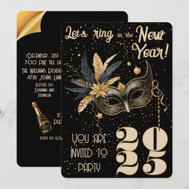Låt oss ring i nyårsafton party Glamous Black Inbjudningar (Fram/baksida)