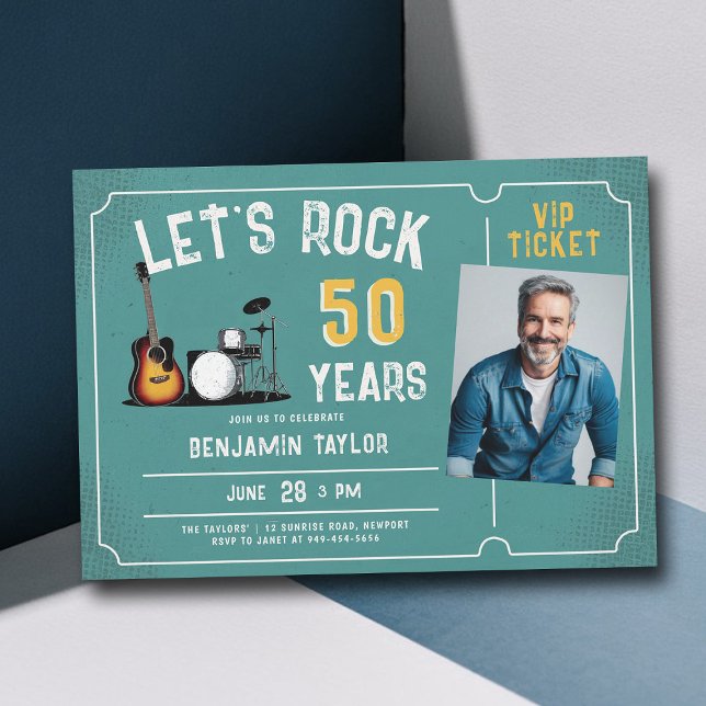 Låt oss Rock musik Fest Teal Manar 50:e födelsedag Inbjudningar (music fest rock ticket 50th birthday party invitation men fun blue teal orange)
