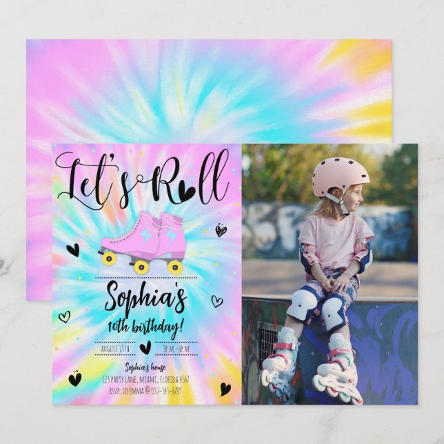 Låt oss Roll Girl Tie Dye Födelsedagsfest Photo Inbjudningar (Fram/baksida)
