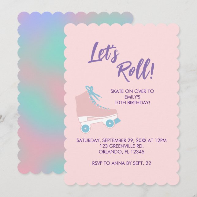 Låt oss Roll Rosa 90s Girl Roller Rink Birthday Inbjudningar (Fram/baksida)