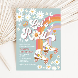 Låt Oss Rulla Retro Groovy Blå Rullskridsko Födels Inbjudningar