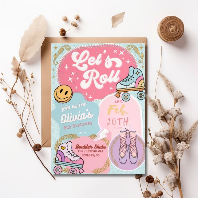 Låt oss rulla Retro Pastell Rullskridsko Balett Fö Inbjudningar (Skapare uppladdad)