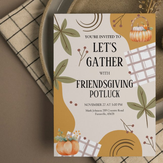 Låt oss samlas Friendsgiving Potluck Thanksgiving Inbjudningar (friendsgiving thanksgiving invitations neighborhood picnic dinner feast burnt orange pumpkin freinds)