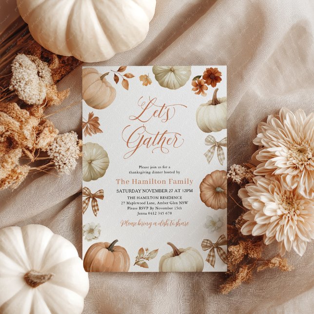 Låt oss samlas Thanksgiving middag Pumpa Bågar Inbjudningar (Let's Gather! Thanksgiving invitation with rustic pumpkins and bows. )