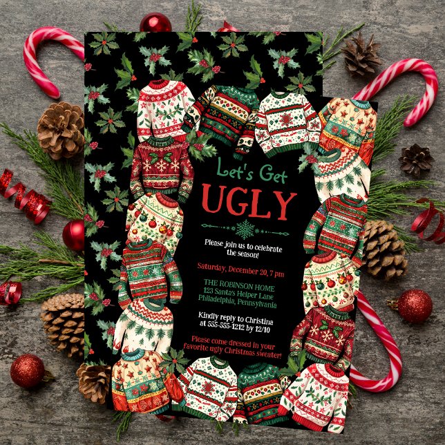 Låt oss Skaffa den vackra julsötaren Party Black Inbjudningar ("Let's Get Ugly" Christmas Sweater Party Black Invitation)