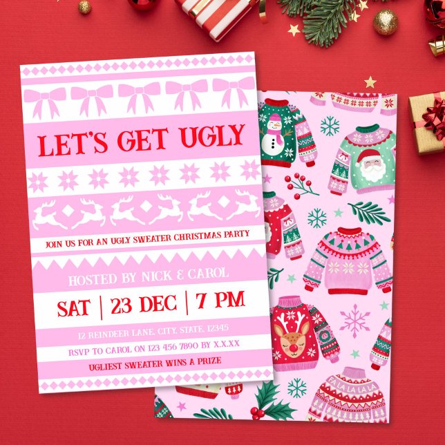 Låt oss Skaffa god jul, jättefin Rosa och rött Inbjudningar (Let's Get Ugly Christmas Ugly Sweater Pink & Red Invitation)