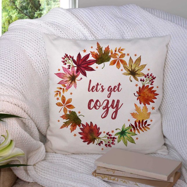 Låt oss Skaffa Mysigt höstskörd Höst löv andedräkt Kudde (Let's Get Cozy Autumn Harvest Fall Leaves Wreath Throw Pillow)