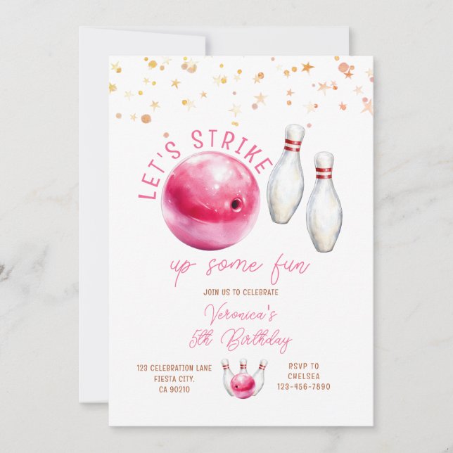 Låt oss slå till flicka 5-års pink bowling födelse inbjudningar (Framsida)
