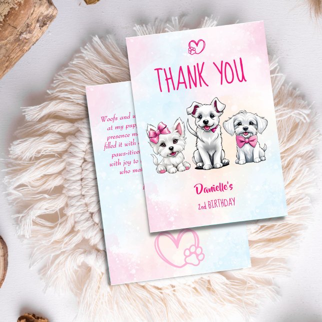 Låt oss småvit rosa söta valpar födelsedag tack kort (Let's pawty white pink cute puppies birthday thank you cards)