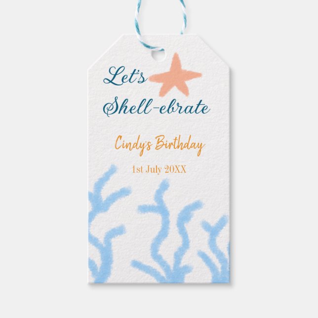 Låt oss snäcka under havets blå födelsedag presentetikett (Framsidan)