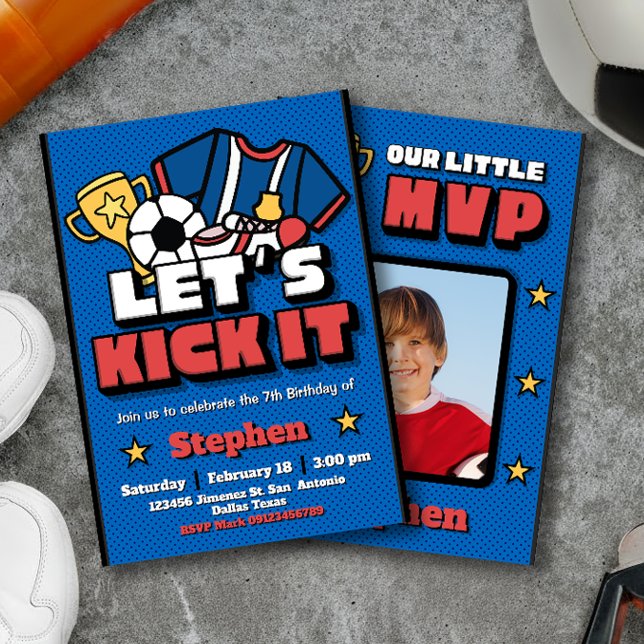 Låt oss sparka - fotboll med foto inbjudningar (Let's Kick It - Football Soccer with Photo Picture Invitation)