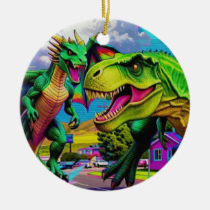 Låt oss spela - Grön drake och dinosaurie Julgransprydnad Keramik