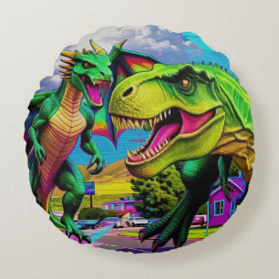 Låt oss spela - Grön drake och dinosaurie Rund Kudde