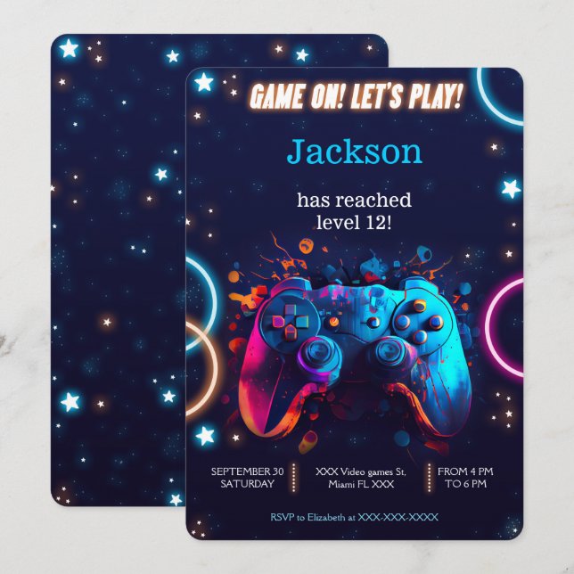 Låt oss spela upp videospel på födelsedagen inbjudningar (Fram/baksida)