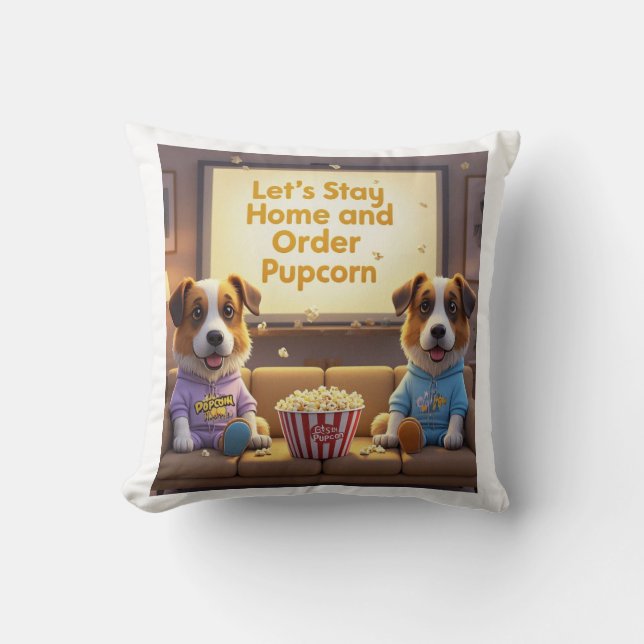 Låt oss stanna hemma och beställa Pupcorn Tecknad  Kudde (Framsida)