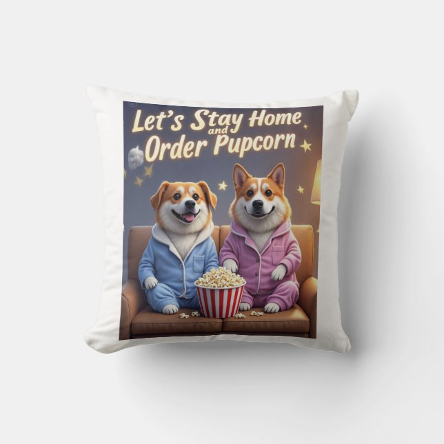 Låt oss stanna hemma och beställa Pupcorn Tecknad  Kudde (Framsida)