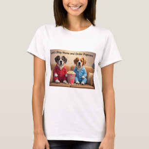 Låt oss stanna hemma och beställa Pupcorn Tecknad T Shirt