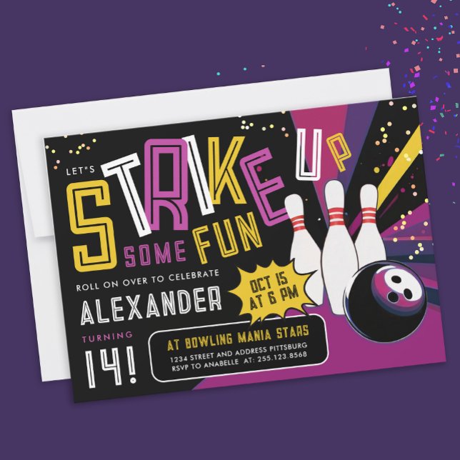 Låt oss starta en färgrik rosa tjejbowlingfest inbjudningar (Skapare uppladdad)