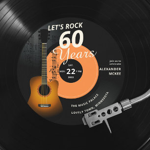 Låt oss Sten 60 år Guitar Vintage Record Birthday Inbjudningar