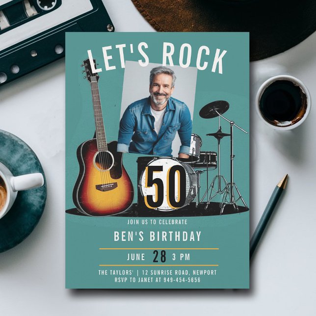 Låt oss Sten Guitar Drums Manar 50:e födelsedagsfo Inbjudningar (music fest rock ticket 50th birthday party photo invitation men modern classy fun blue teal orange)