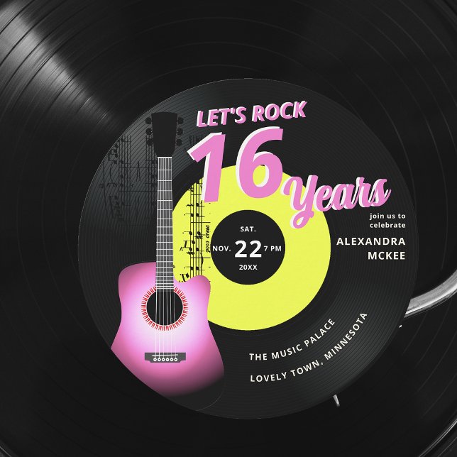 Låt oss Sten Shock rosa Gult Guitar Music Sweet 16 Inbjudningar (sweet 16 rock music vintage record neon pink yellow girls invitation guitar musician partition notes)