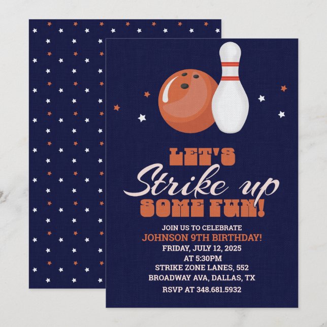 Låt oss Strejkan lite Roligt! Bowling Birthday Inbjudningar (Fram/baksida)