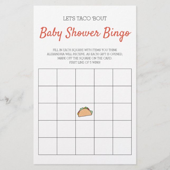 Låt oss Taco Bout Baby Shower Bingo Game (Framsida)