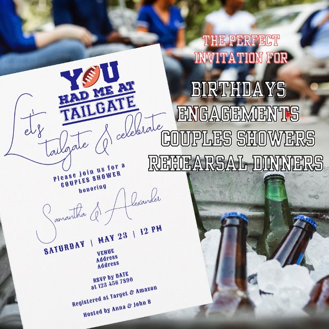 Låt oss Tailgate Celebrate Blue Möhippa, par Showe Inbjudningar (Let's Tailgate Celebrate Navy Blue invite for Bridal or Couple Showers, birthdays, rehearsal dinners)
