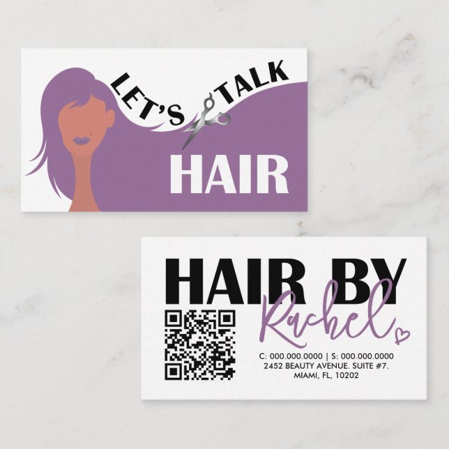 Låt oss Talk Hair Lila Model Hair Salon QR-kod Visitkort (Fram/baksida)