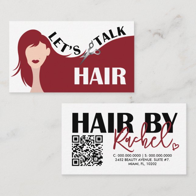 Låt oss Talk Hair Red Model Hair Salon QR-kod Visitkort (Fram/baksida)