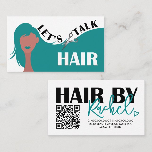 Låt oss Talk Hair Teal Model Hair Salon QR-kod Visitkort (Fram/baksida)