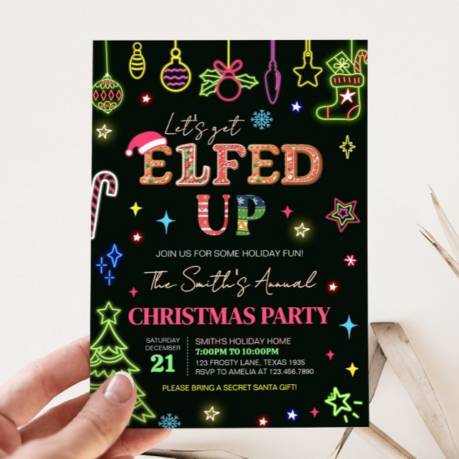 Låt oss upp dig till jul Party Inbjudningar (Let's Get Elfed Up Neon Christmas Party Invitation)