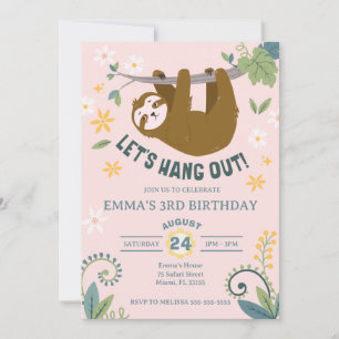 Låt oss ut jungle Sloth Rosa Birthday Inbjudningar