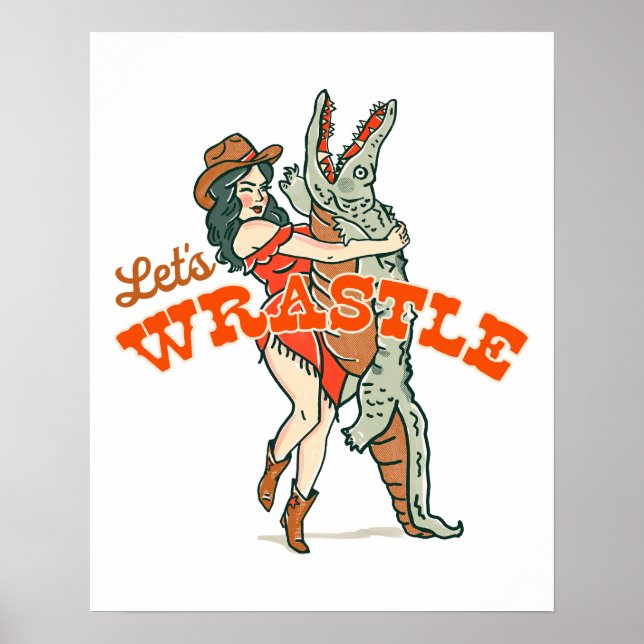 Låt oss Wrastle: Retro Western Cowgirl & Alligator Poster (Framsidan)