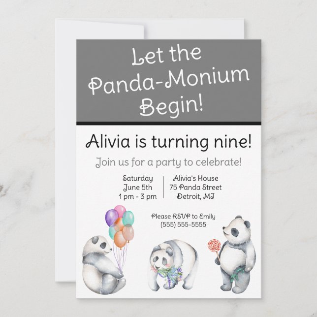 Låt Panda-Monium börja! Panda themed Birthday Inbjudningar (Framsida)