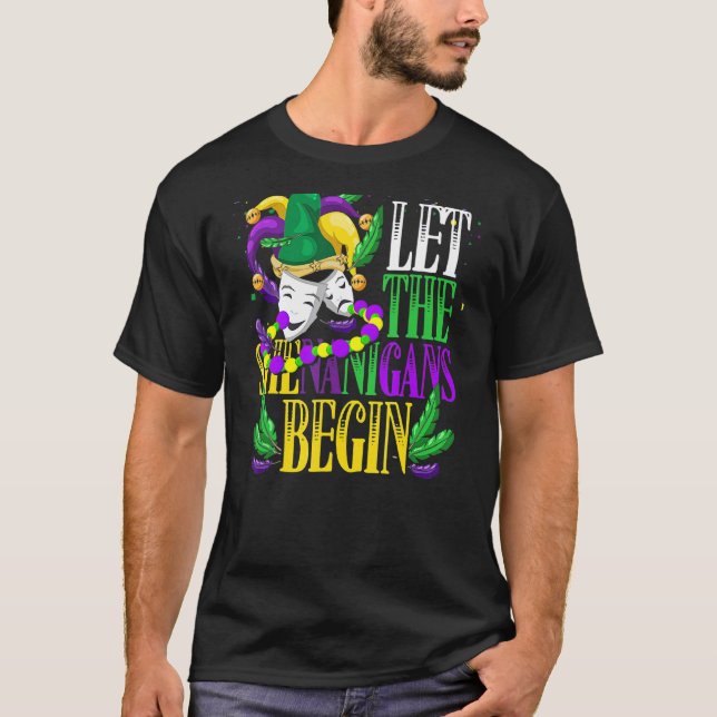Låt Shenanigans börja i maskerad Mardi Gras T Shirt (Framsida)
