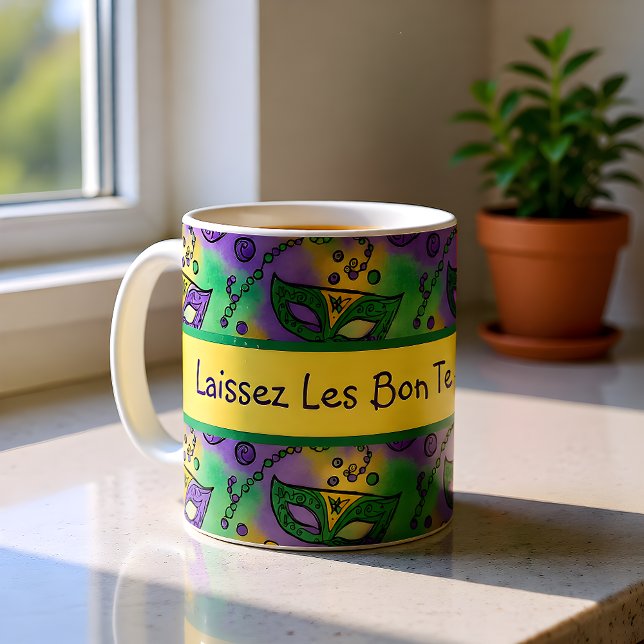 Låta De Goda Tiderna Rulla Mardi Gras Masker Kaffemugg (Skapare uppladdad)
