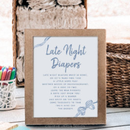 Late Night Diapers Blue Bow Baby Shower Game Sign Poster