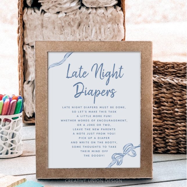 Late Night Diapers Blue Bow Baby Shower Game Sign Poster (Skapare uppladdad)