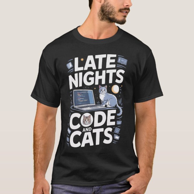 Late Nights Code And Cats Programmer Cat T Shirt (Framsida)