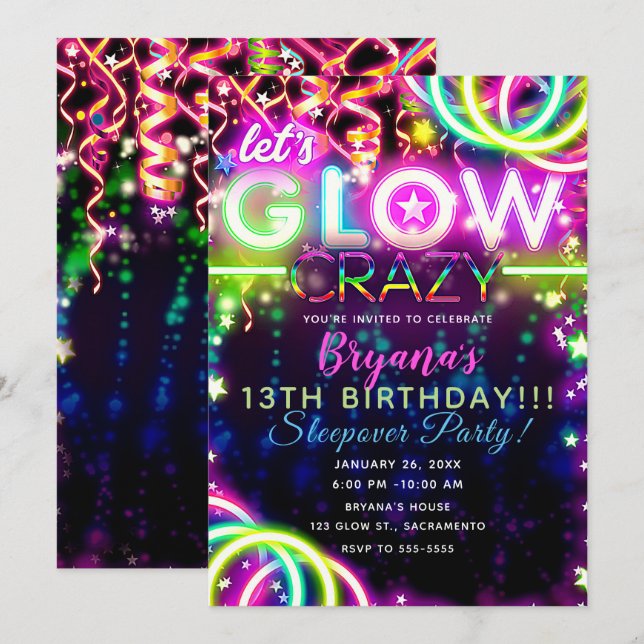 Låter GLOW Galen Neon Färgglad Födelsedagsfest Inbjudningar (Fram/baksida)