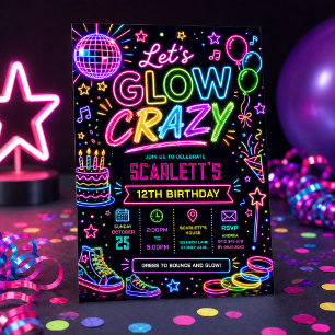 Låter oss lysa galet: Neon Disco Födelsedagsfest Inbjudningar