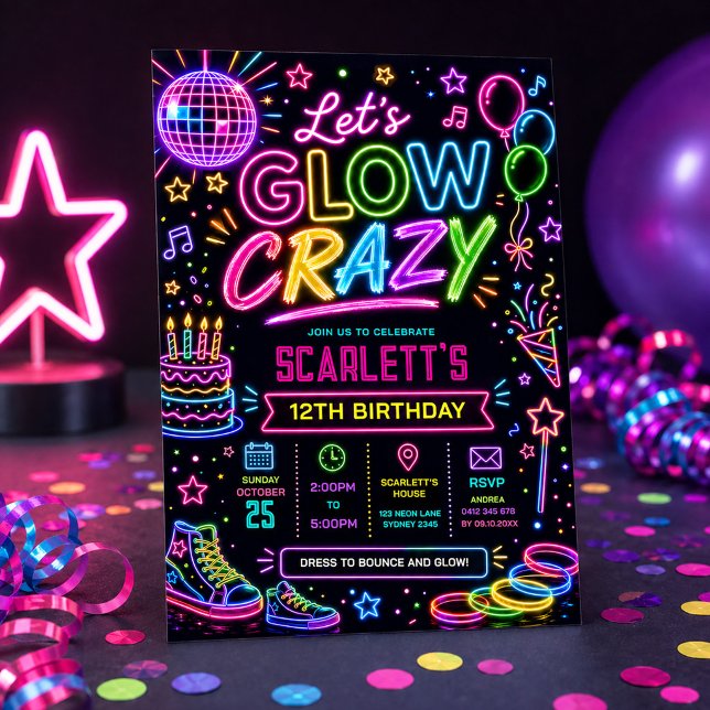 Låter oss lysa galet: Neon Disco Födelsedagsfest Inbjudningar (Skapare uppladdad)