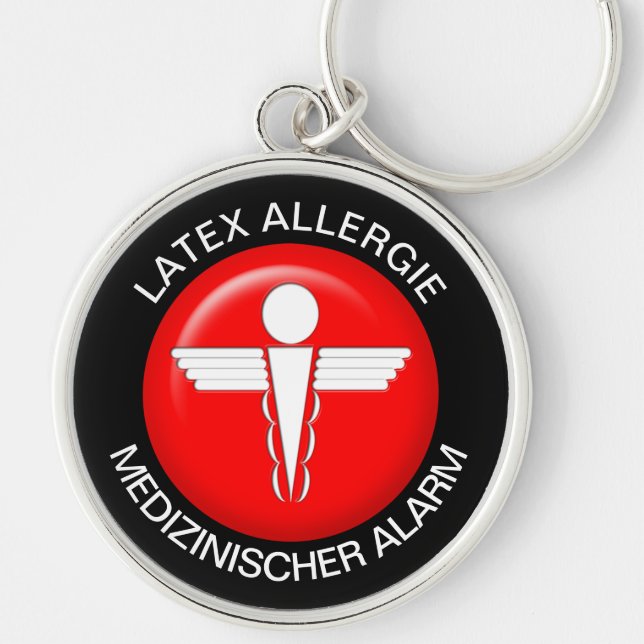 LATEX ALLERGIE Medical Alert - Button Keychain Rund Silverfärgad Nyckelring (Framsidan)