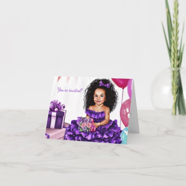 Latin Girl Curls Lila Dress Birthday-inbjudan Inbjudan (Framsida)