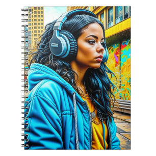 Latina Girl in a Urban Setting med hörlurar Anteckningsbok