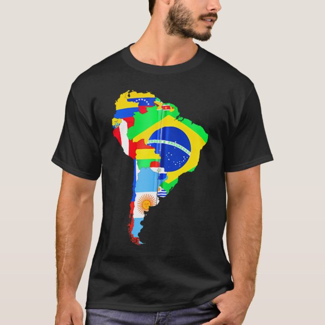 Latinamerika Kontinent Karta Flaggor T Shirt (Framsida)